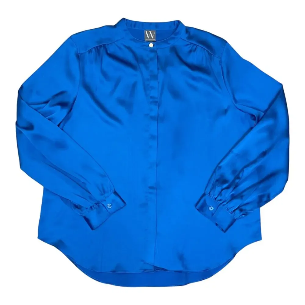 Worthington Satin Teal Blue Button-Up Blouse Women’s Large Long Sleeve - Picture 3 of 8